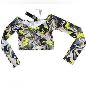 H&M Ribbed Long Sleeve Crop Top Neon Swirl Size Small NWT